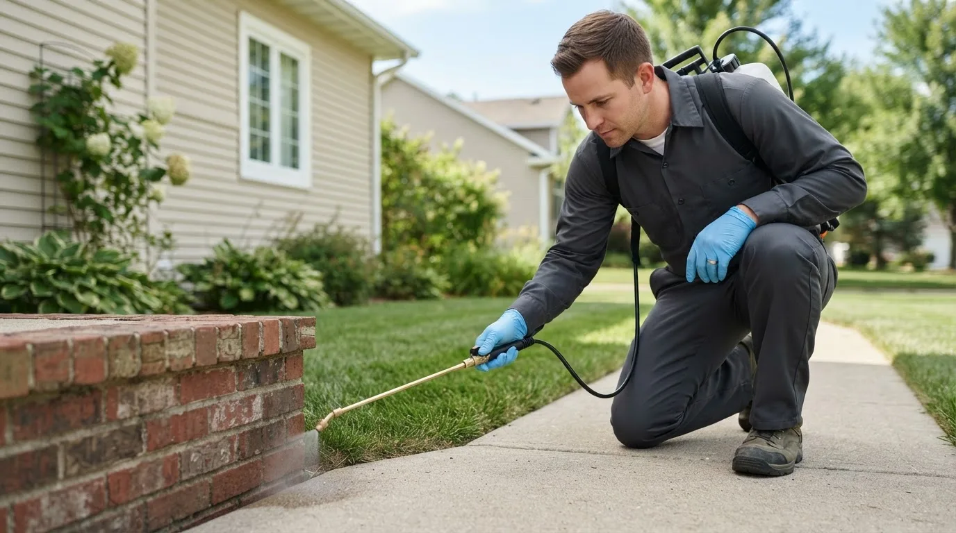 Pest control technician treating a home near Somerville, IN